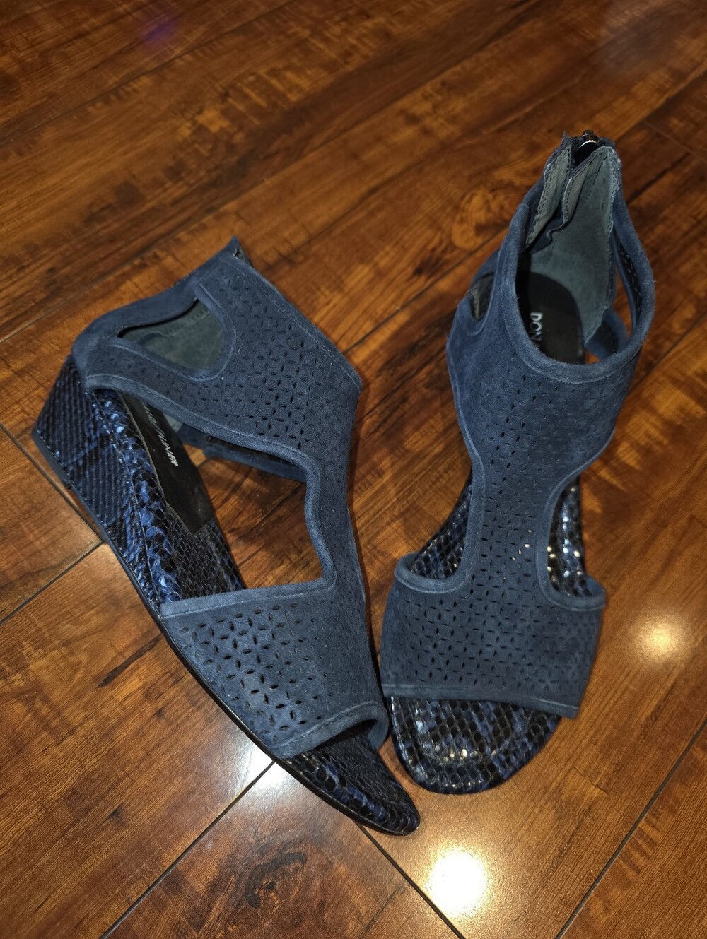 Donald J. Pliner Navy Perforated Suede Wedge Sandals